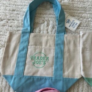 Trader Joe's Canvas Mini Tote Bag in Beige Pastel Blue Trim Spring 2026